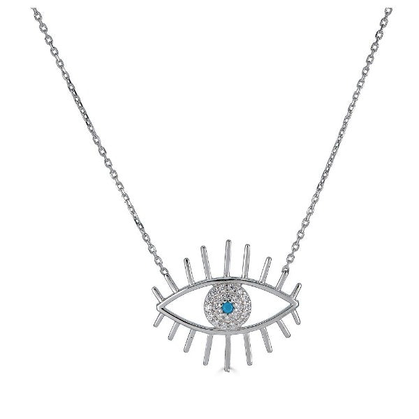 CLARA 925 Sterling Silver Evil Eye Halo Pendant Chain Necklace Rhodium